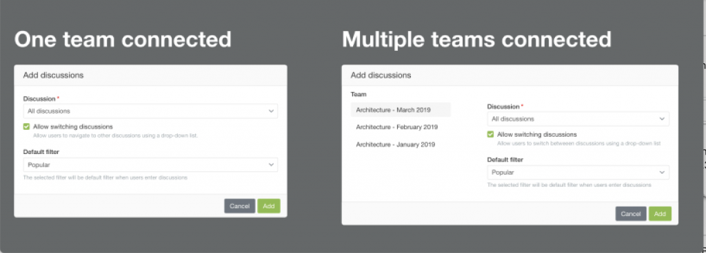 Supporting multiple teams in Discussion widget with switchers between feeds: 